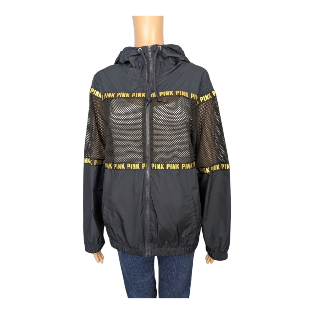 PINK Victoria's Secret Black Mesh Anorak Hooded Jacket XS/S